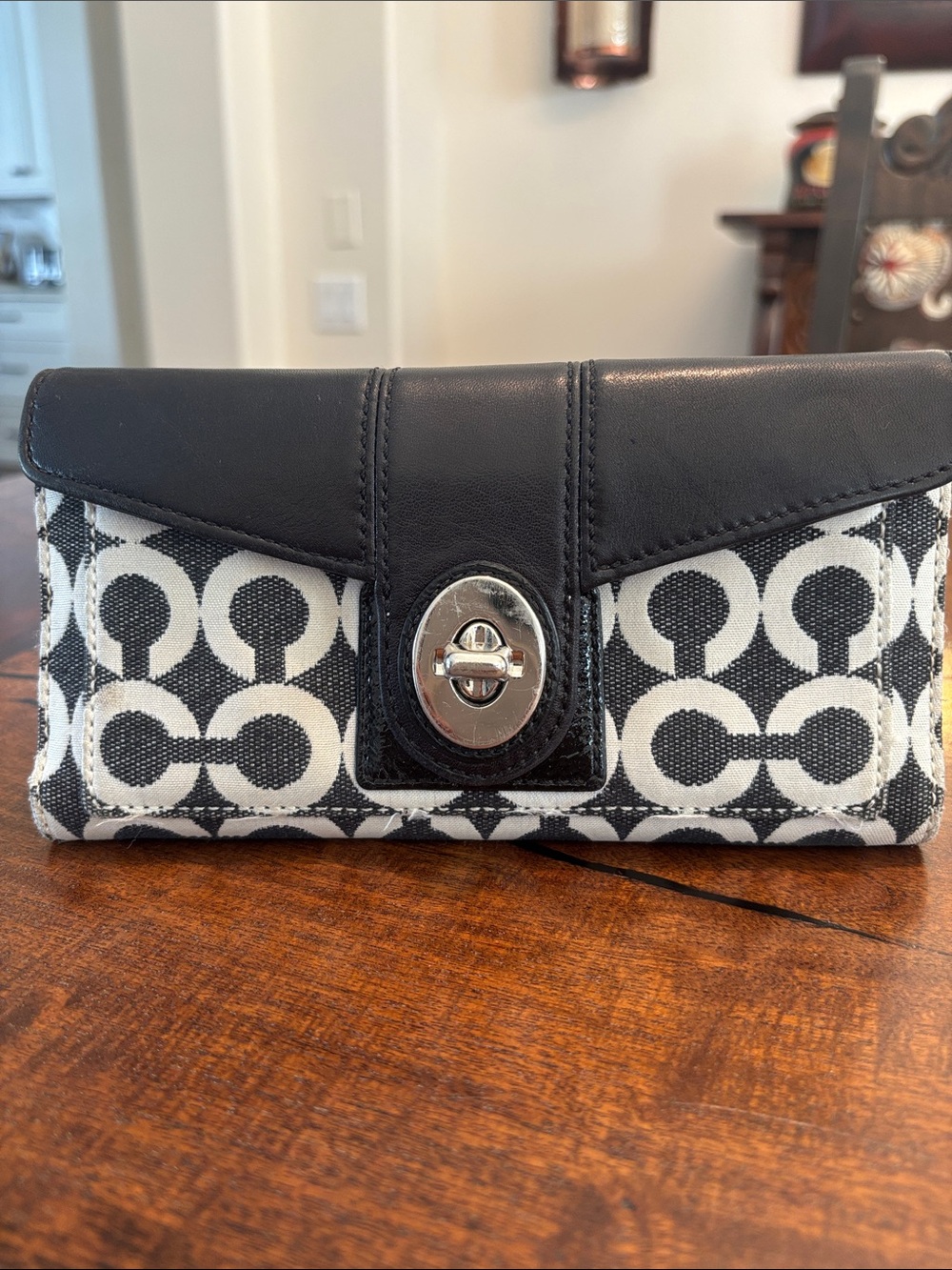 Coach Black and White Signature Turnlock Wallet